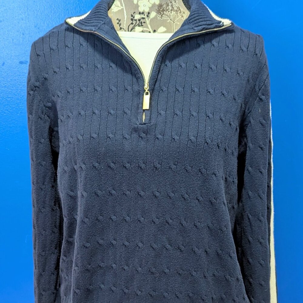 Liz & Co Heavy Warm Chunky Navy w/ White Strip 1/4 Zip Sweater, XL